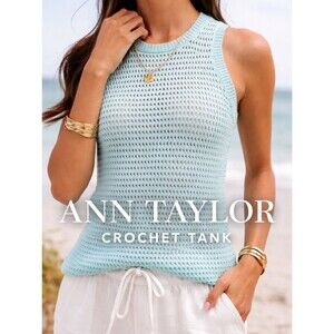 Ann Taylor Blue Crochet Tank Top Sleeveless Knit Boho Summer Beach Vacation  Med